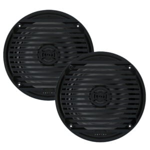 Pair of black round marine speakers