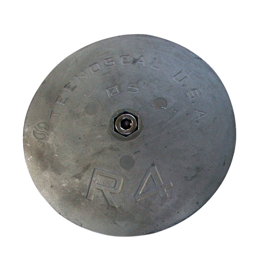 Circular zinc anode with bolt for corrosion protection.