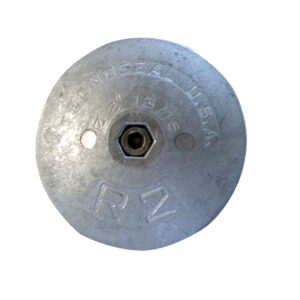 Round metal anode with hexagonal center hole.