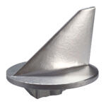 Silver metallic sculpture with a triangular shape.
