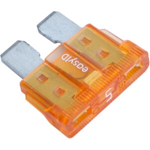 Orange 5A automotive blade fuse isolated on white