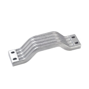 Metal electrical busbar with holes, silver finish.