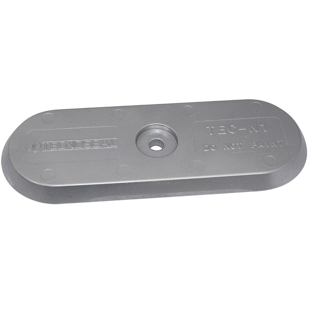 Rectangular metal anode with bolt hole, TecnoSeal brand.