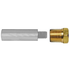 Metal threaded rod and brass adapter separated.