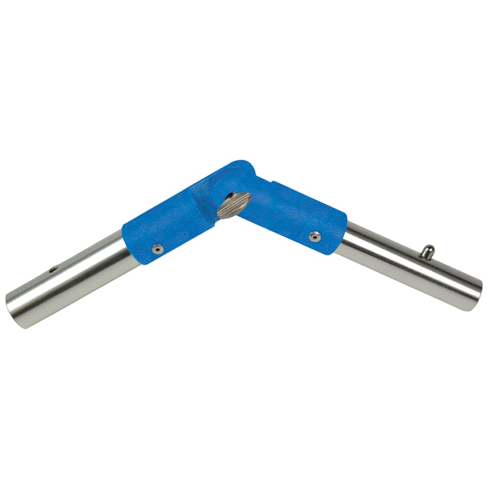 Adjustable blue cleaning tool attachment with metal joints.