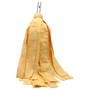 Yellow mop with long strips and metal handle.