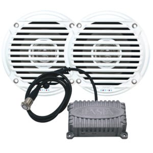 Two white marine speakers with Jensen amplifier
