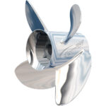 Stainless steel boat propeller, four blades, reflective finish.