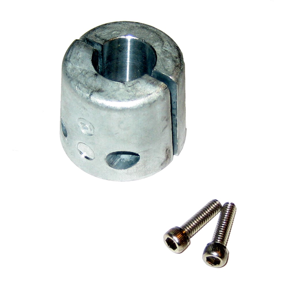 Metal shaft collar with two screws.