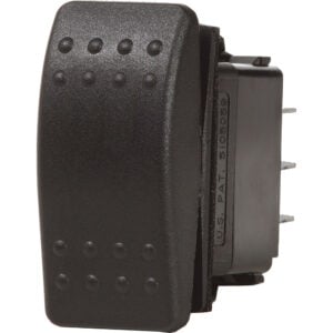 Black rectangular rocker switch with metal prongs