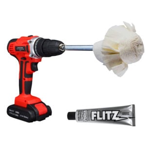Cordless drill with buffing wheel and polish tube