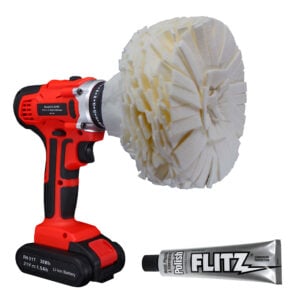 Cordless drill with polishing wheel and metal polish