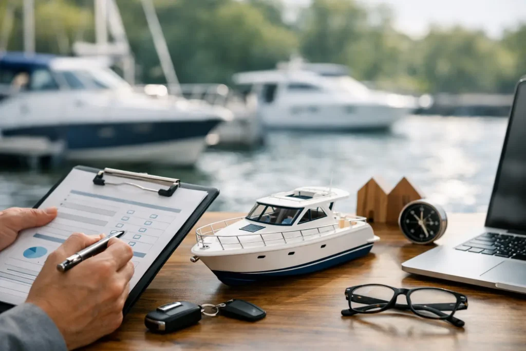 Person reviewing checklist, yacht model on desk.