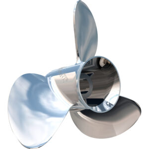 Shiny metal three-blade boat propeller close-up