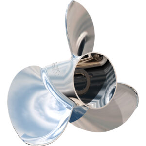 Shiny metal boat propeller, close-up view