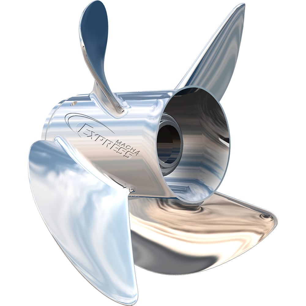 Stainless steel boat propeller with four blades.
