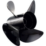 Black boat propeller with logo engraving.