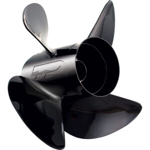 Black boat propeller with logo engraving.
