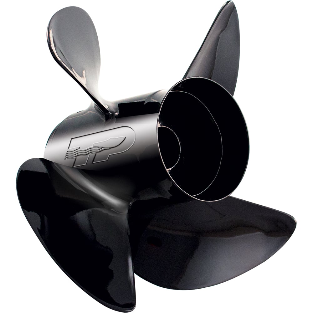 Black boat propeller with logo engraving.