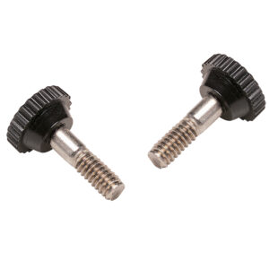 Two silver thumb screws with black heads.