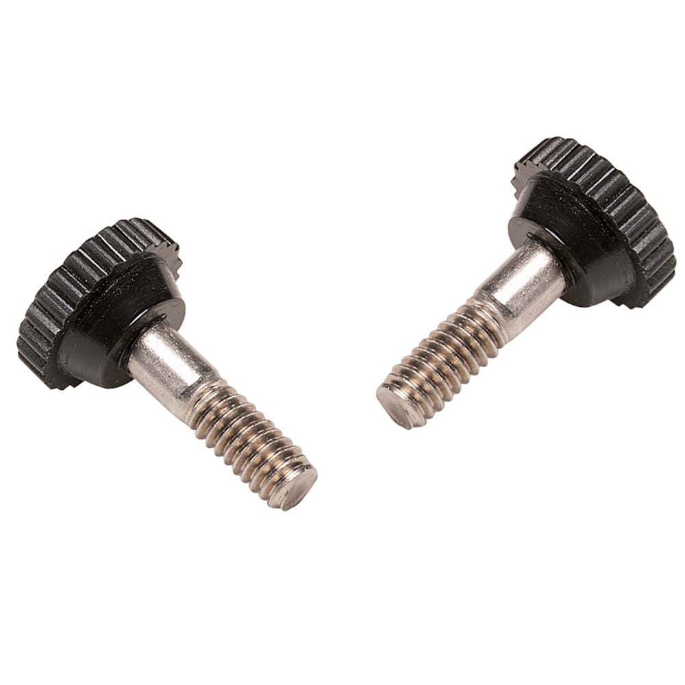 Two silver thumb screws with black heads.