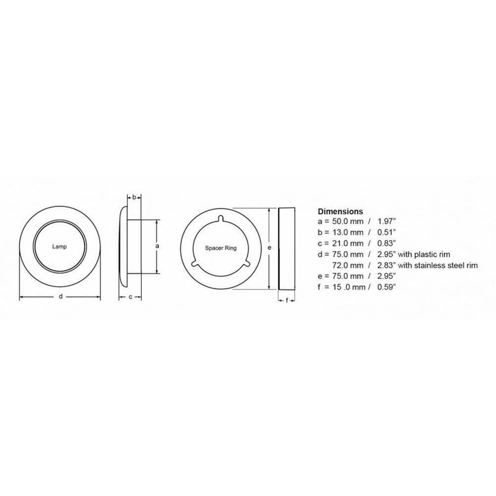 Technical drawing of lamp and spacer ring dimensions