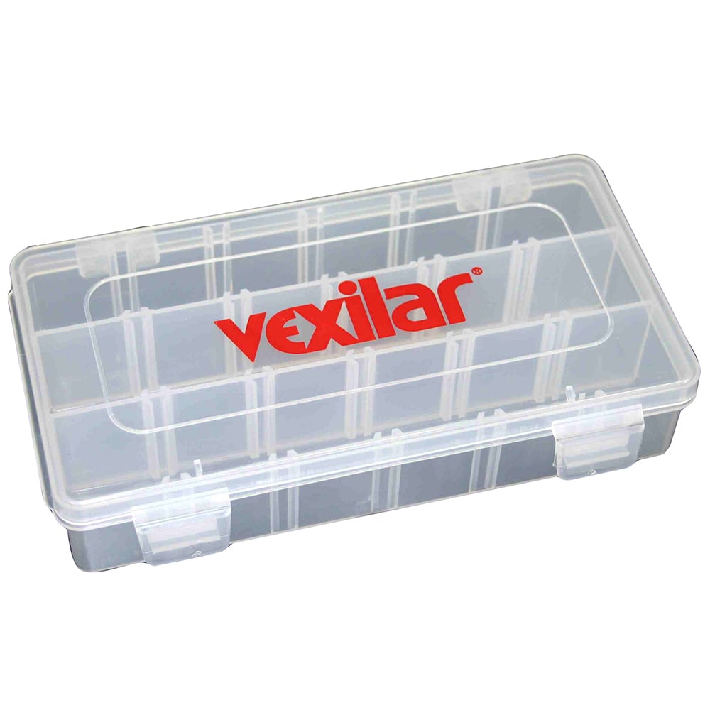 Vexilar transparent storage box with compartments.