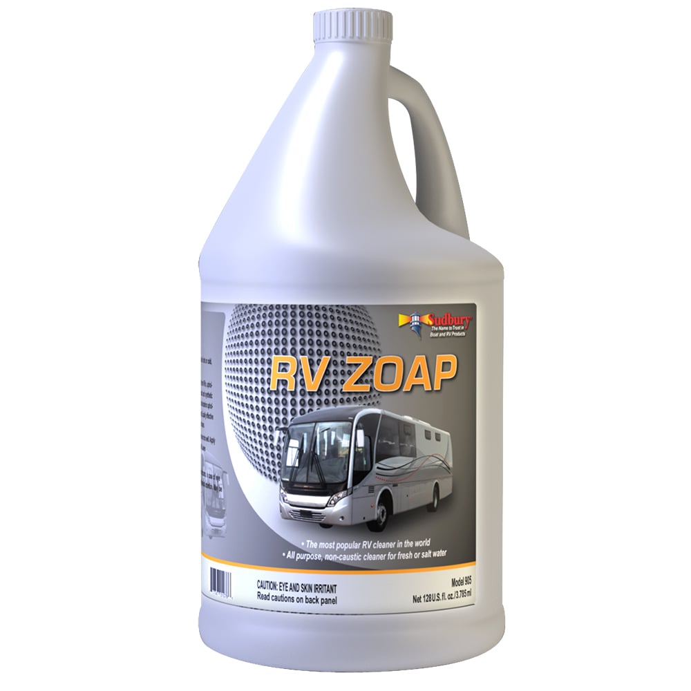 RV Zoap cleaner bottle with graphic design.