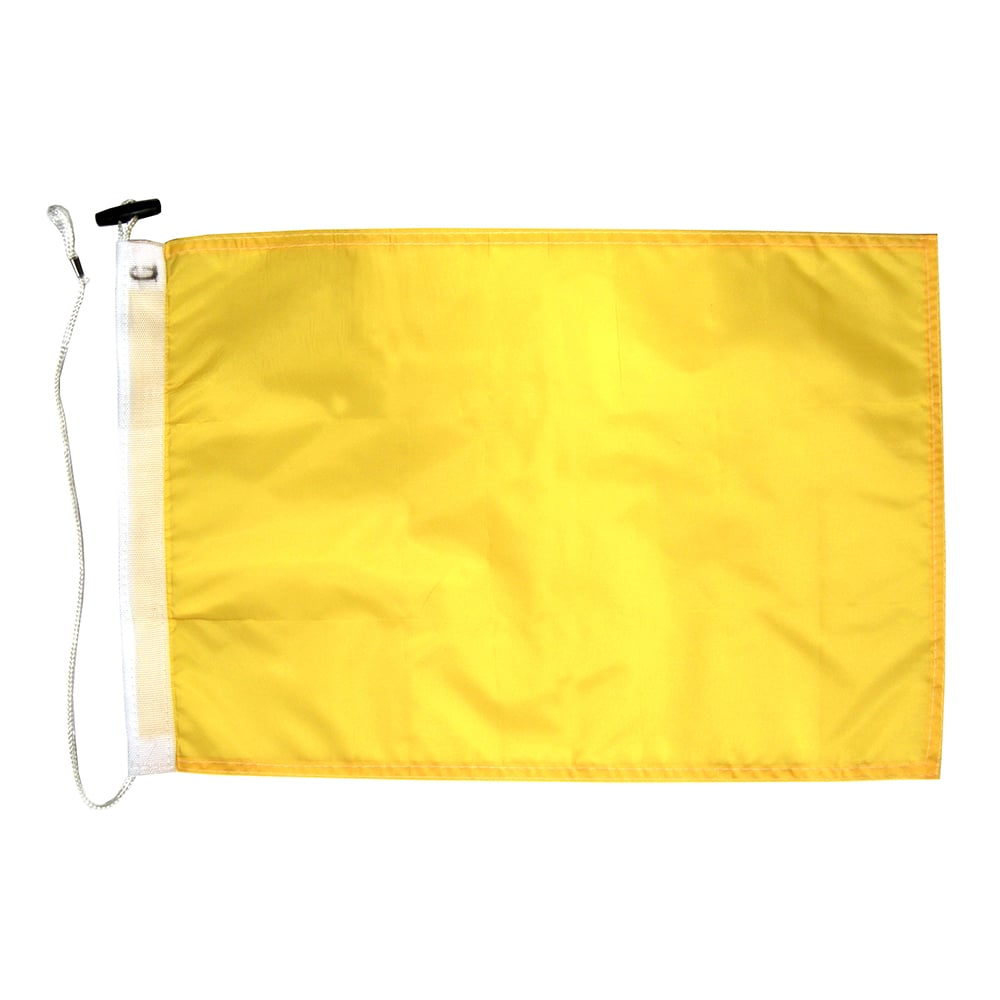 Rectangular yellow flag with white rope.