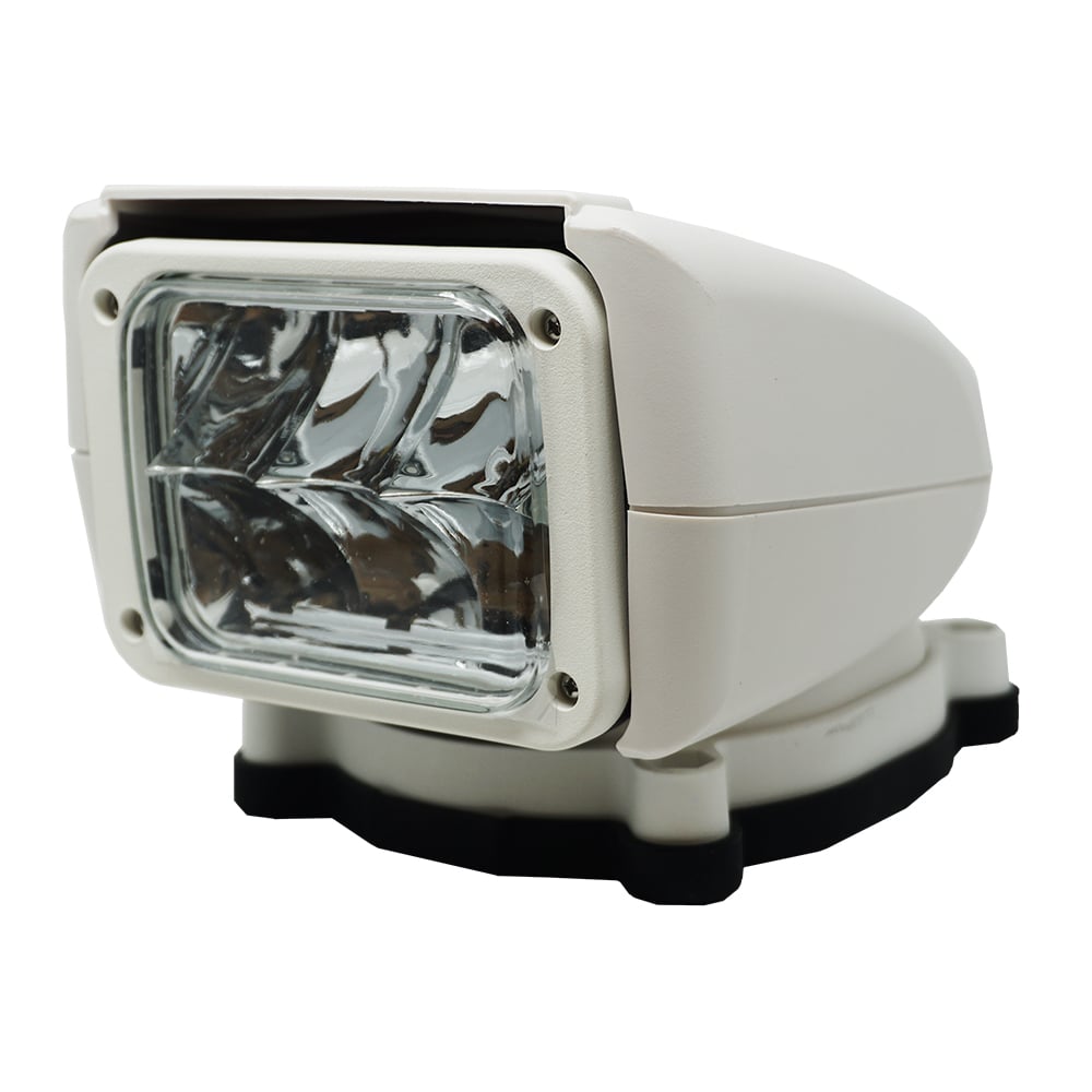 White outdoor LED spotlight on a swivel base.