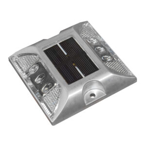 Solar-powered LED road stud with reflective panels.