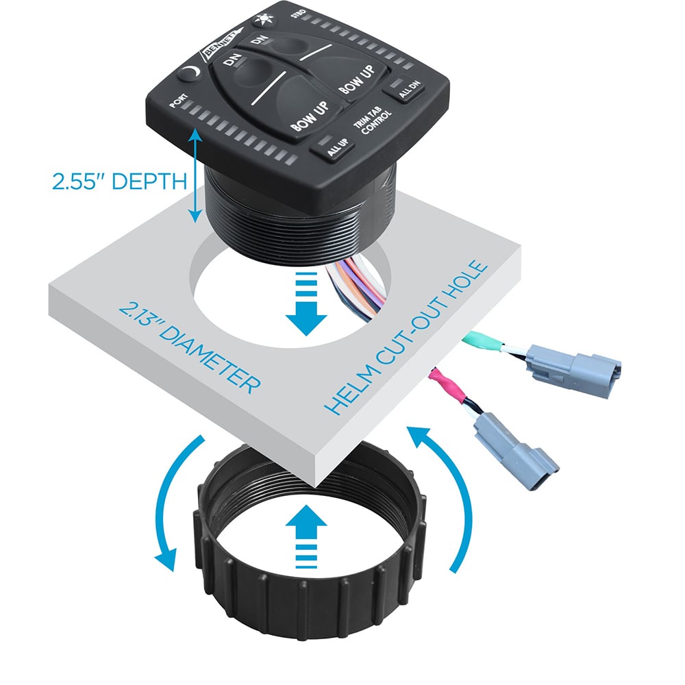 Boat trim tab control with cutout dimensions