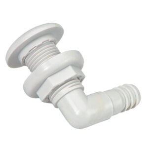 White plastic 90-degree bulkhead hose fitting