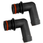 Two black plastic 90-degree elbow hose connectors