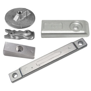 Assorted silver aluminum metal parts on display.