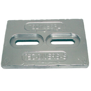 Rectangular silver diving weight with slots.