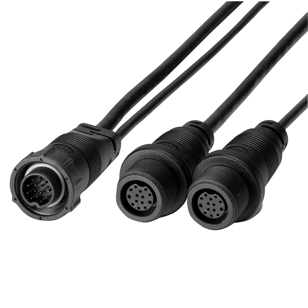 Three black multi-pin circular cable connectors