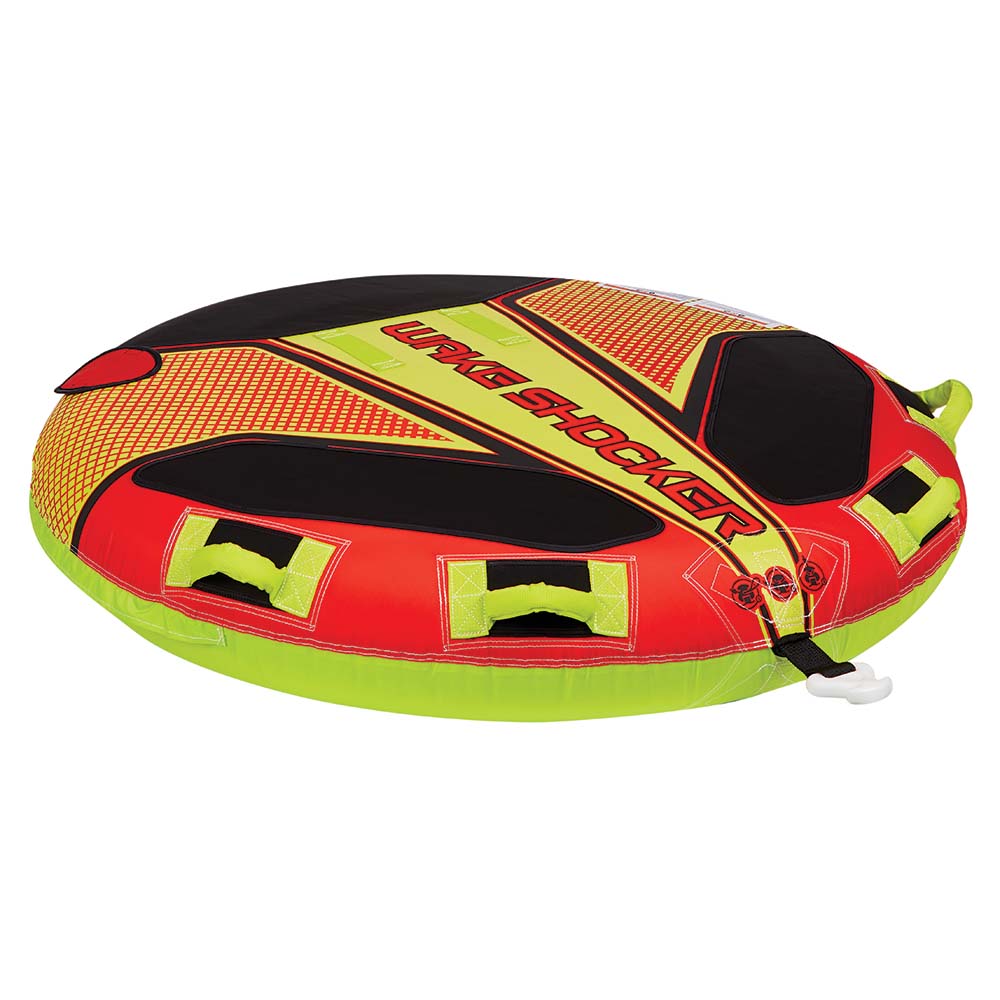 Inflatable water tube with handles for towing.