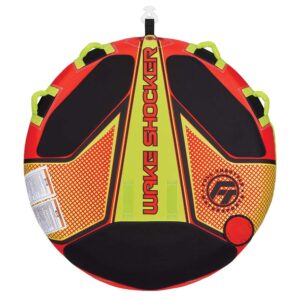 Inflatable towable tube with bright red-yellow design.