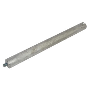Metal cylinder with threaded ends on white background.
