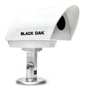 Black Oak white outdoor security camera on mount