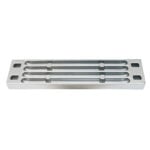 Metal tooling fixture with slots and pegs.