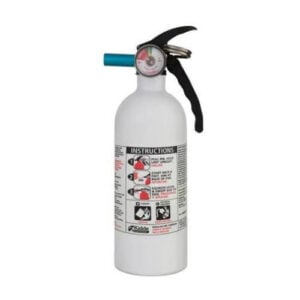 White fire extinguisher with instructions label.