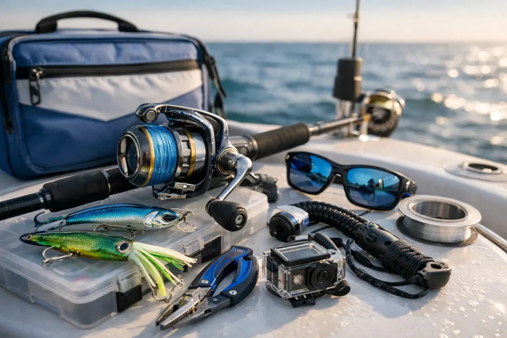 Fishing gear and rod on boat deck