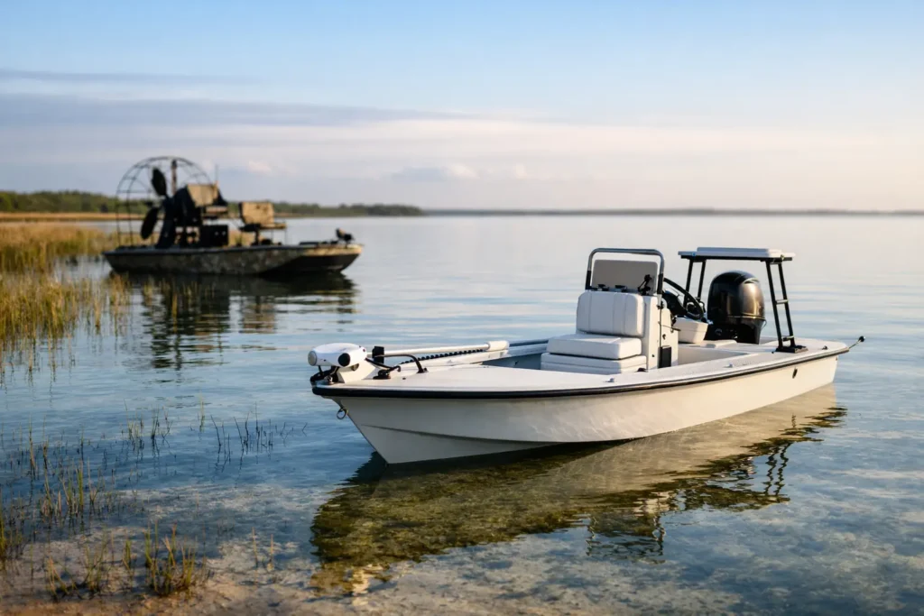 White skiff boat on calm lake