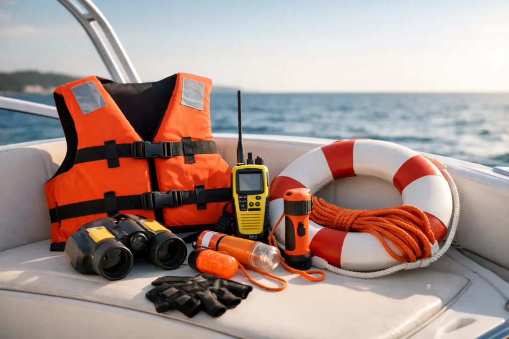Boat safety gear on deck by ocean