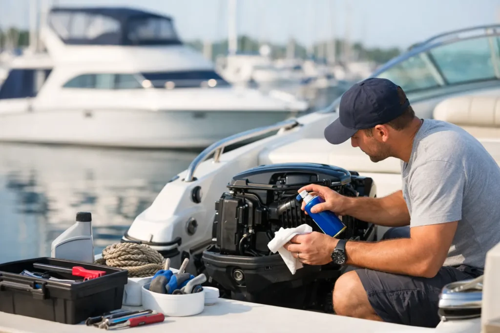 Man cleaning boat engine at marina dock