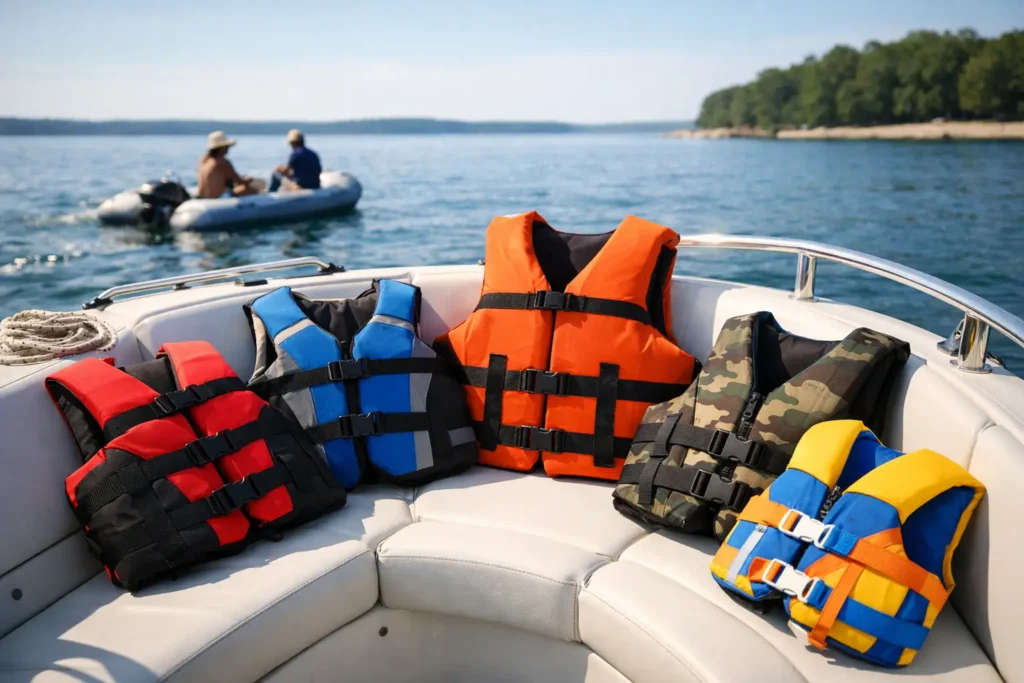 Colorful life jackets on boat seat by lake