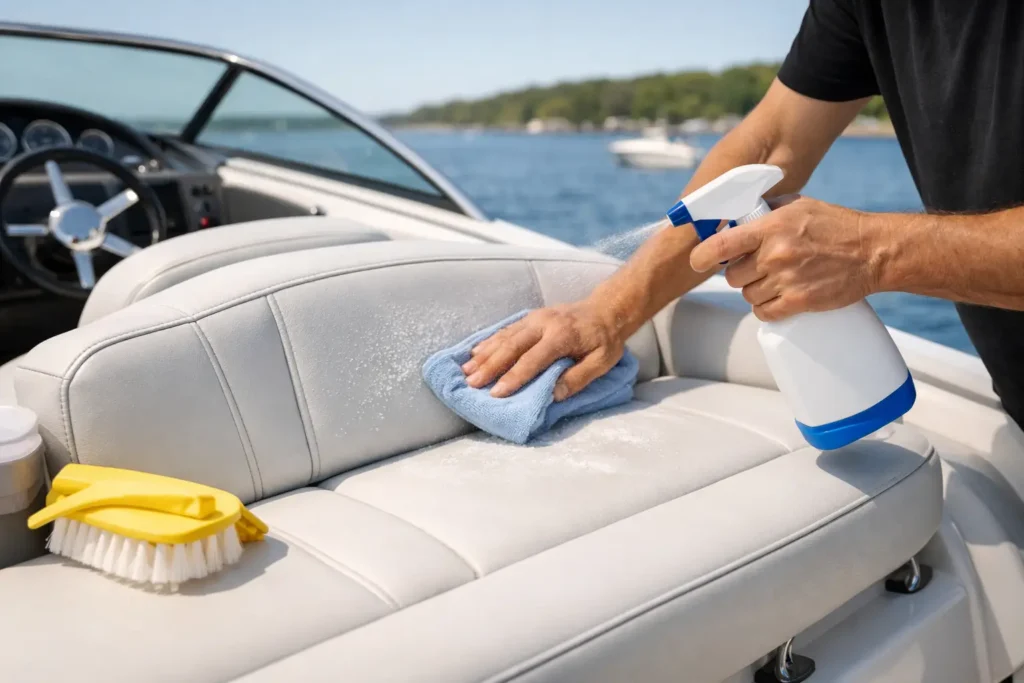 Person cleaning boat seat with spray and cloth.