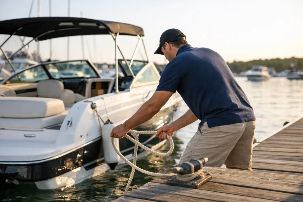 Man tying boat to dock with rope
